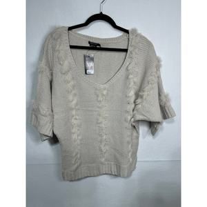 Vertigo‎ Beige Faux Fur Trimmed Knit Short Sleeve V-Neck Sweater Size Large NWT